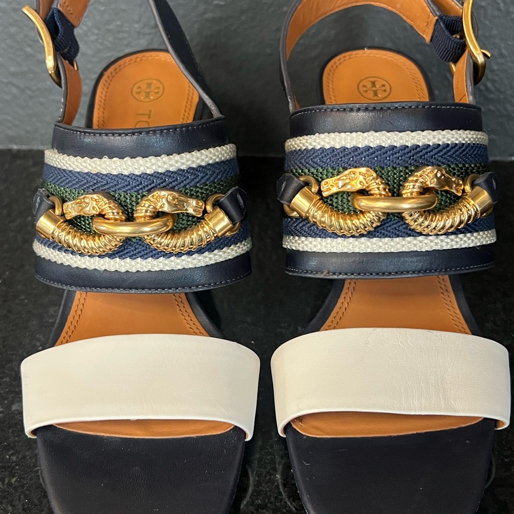 Tory Burch Blue and Green Sandals with Chunky Wedge Heel - Picture 7 of 15